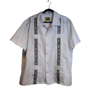 HABAND GUAYABERA MEN'S WHITE SIZE XL EMBROIDERED SNAP-UP SHORT SLEEVE POCKETS‎